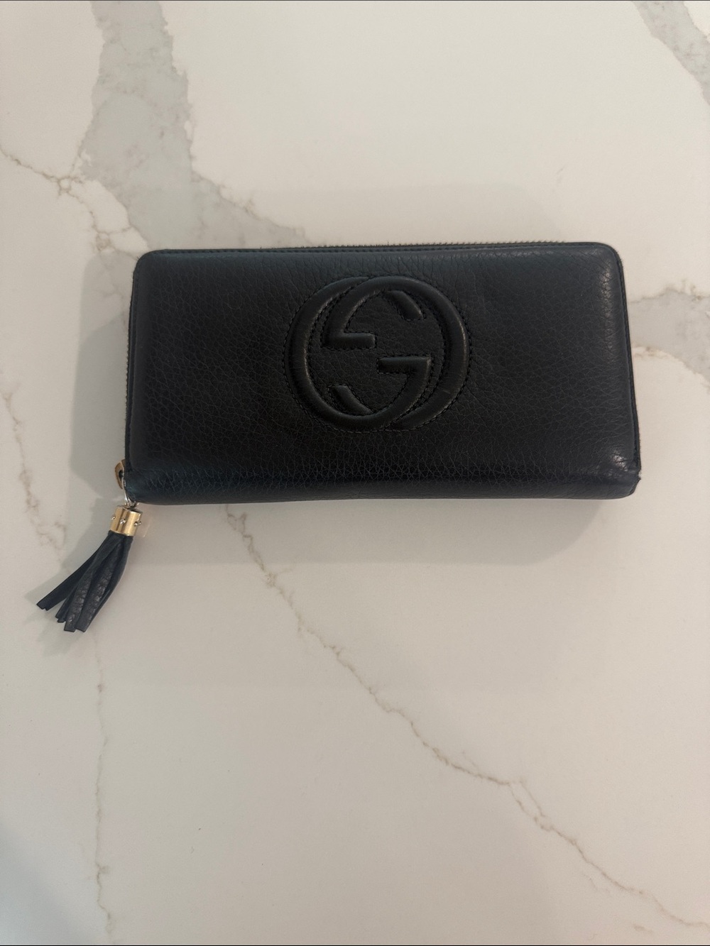 Gucci Black Leather Zip Wallet with Tassel